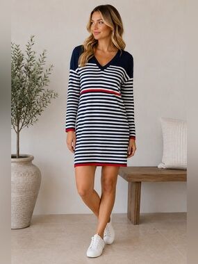 ASOS Navy, White & Red Striped V‑Neck Midi Dress
